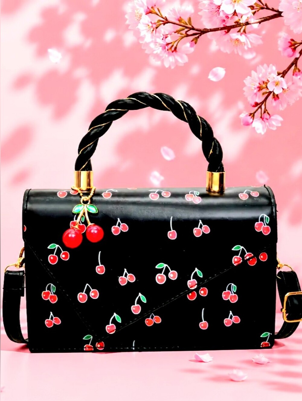 Cherry Design Top Handle Bag With Crossbody Strap NIP